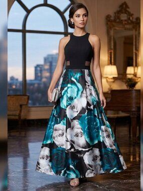 Blondie Nites Teal Rose Floral Formal Gown Sz 3